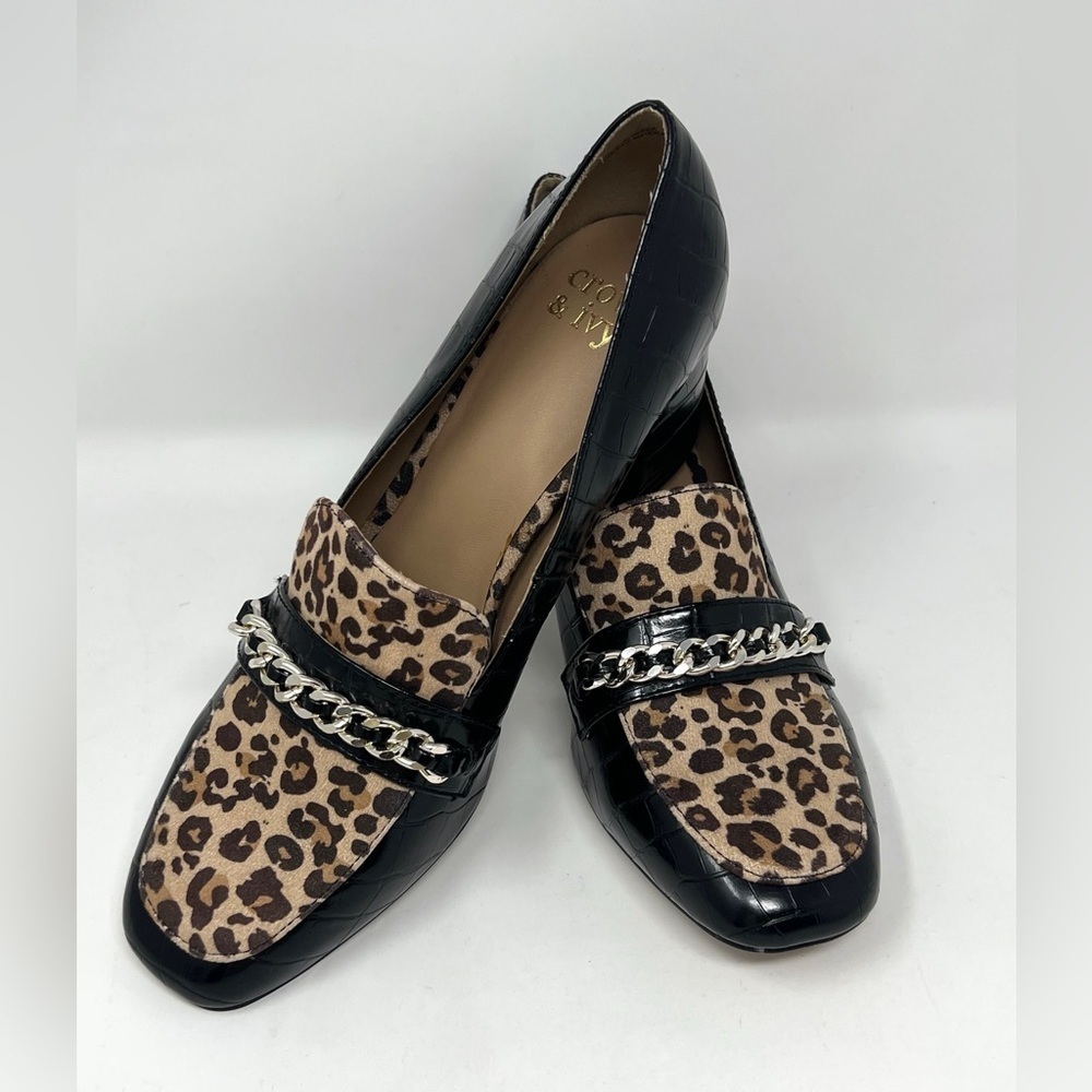 Crown & Ivy Women's Scarlett Pump Block Heels Shoes Black Leopard Print 9.5 M